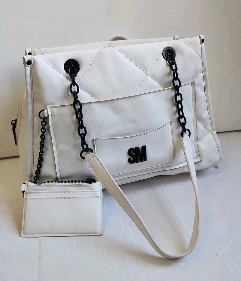 Steve Madden White Logo Accents Quilted SM Shoulder Tote Bag Purse BCINZIA